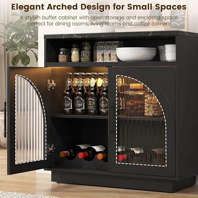 Sideboard Buffet Cabinet with Storage, Wine Bar Cabinet with Arched Glass Doors
