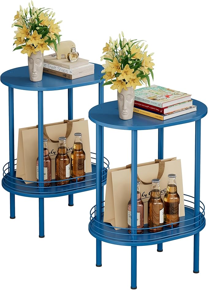 DGSANDGO Blue Side Table Set of 2, Side Tables Living Room, 2-Tier Nightstand