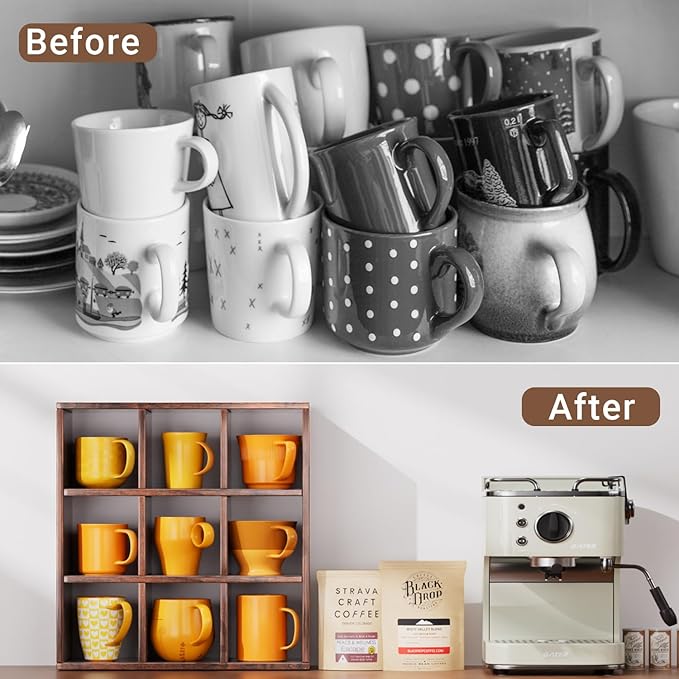 Helsin 9 Grid Vintage Coffee Mug Display Rack, 16inch Wall Mounted Wooden Curio