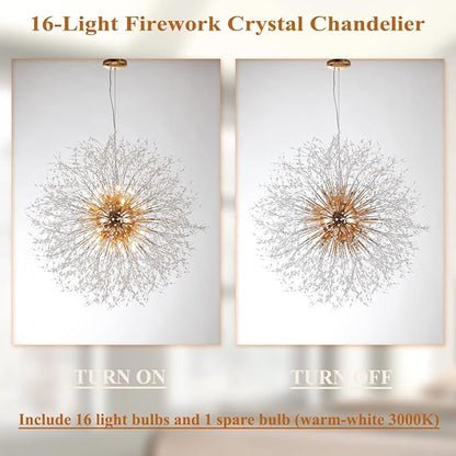 Large Fireworks Crystal Chandelier, 16-Light Gold Dandelion Pendant Lighting Fixtures, 80W LED Crystal Sputnik Hanging Lights for Hallway Living Room Bedroom