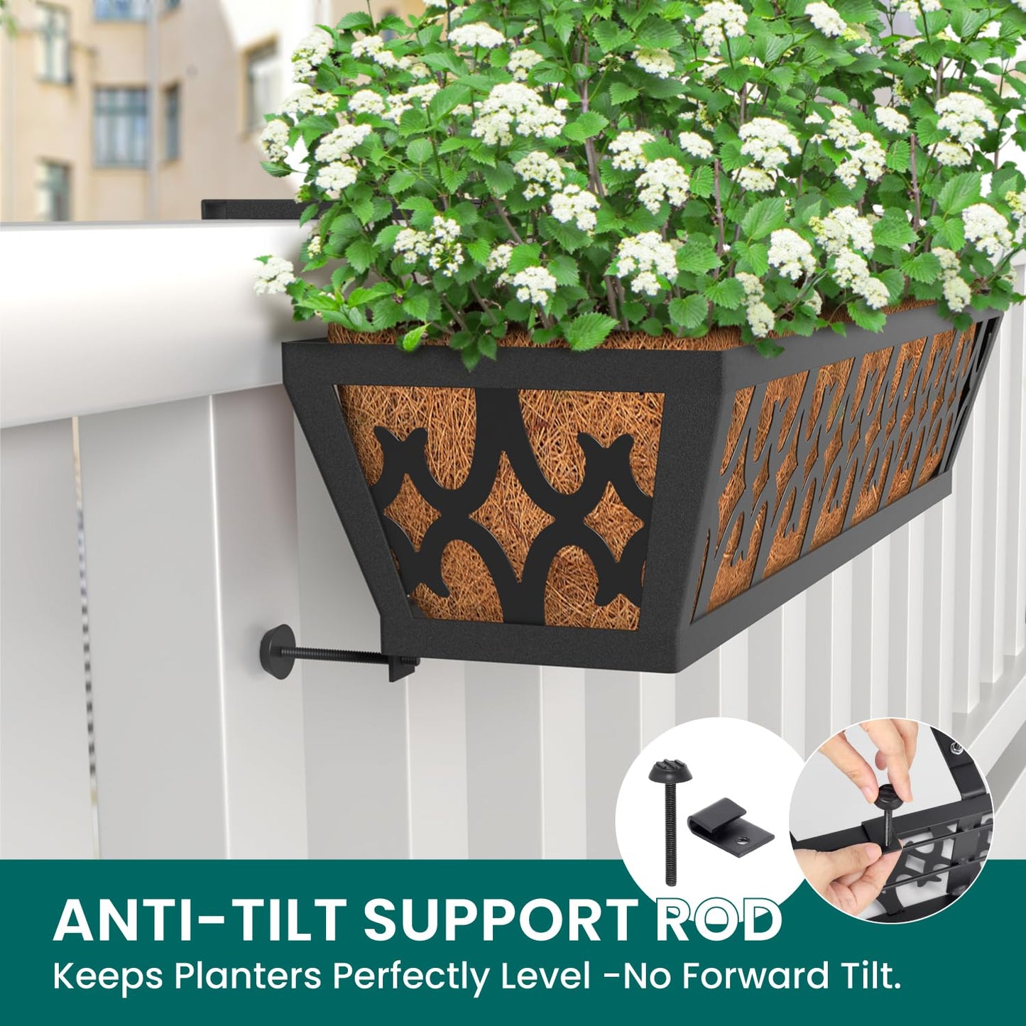 TPHUC 4 Pack Window Box Railing, 24IN Black Metal Hanging Flower Planter Basket with Coco Liner for Outdoor Balcony Porch Fence Patio for Home, Office and Hotel (Black)