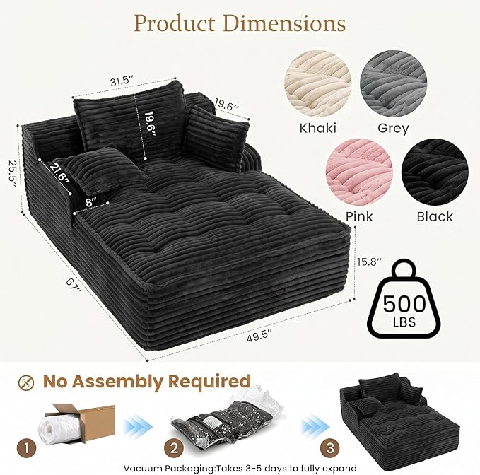 Boneless Chaise Lounge Couch Indoor, Oversized Corduroy Upholstered Sofa Bed
