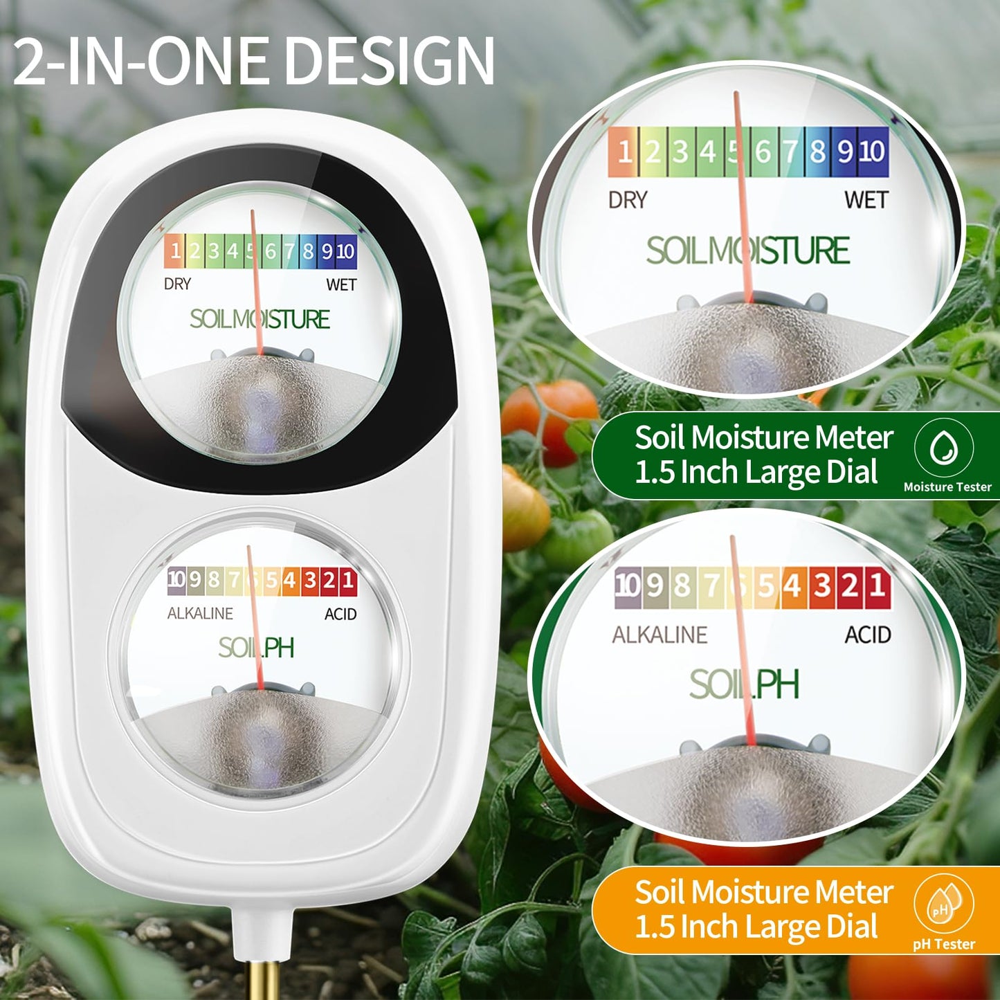 Aenncci Soil Test Kit, 2-in-1 Soil Moisture Meter, Soil pH Tester, Large Dual Dial Soil Meter for Plants, Garden Soil, Lawn, Farm, Outdoor & Indoor Use-White