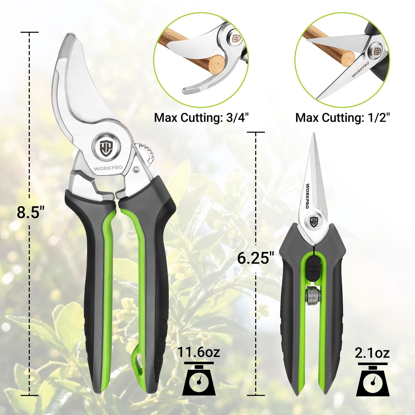 WORKPRO Garden Pruning Shears 2 Pack, 8.5" Bypass Pruning Shears and 6.25" Straight Garden Flower cissors, Garden Clippers Hand Tools for Cutting Flowers, Trimming Plants, Picking Fruits