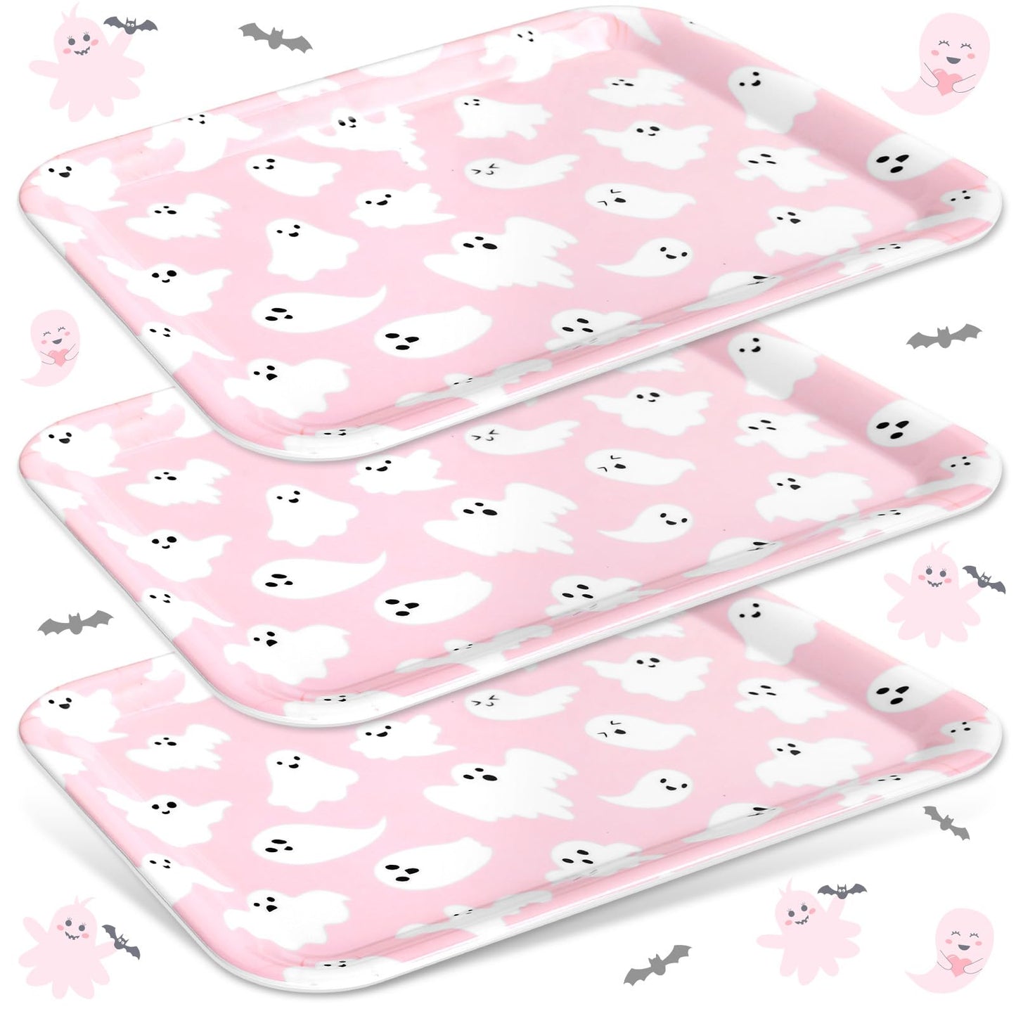 JarThenaAMCS 3Pcs Halloween Serving Trays Pink Ghost Platter Cute Ghost Reusable Serving Dishes for Birthday Baby Shower Party Sharing Snacks Fruit Dessert, 13 x 10 Inch