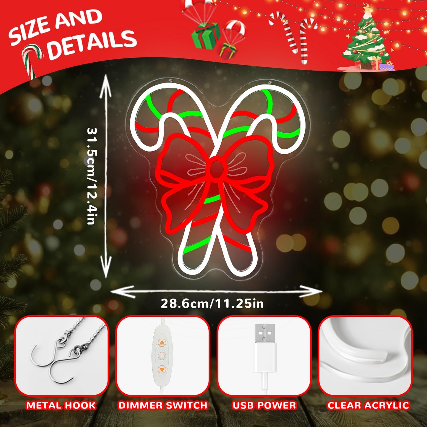 hhuohuona Christmas Neon Sign Dimmable Candy Cane Window Lights Light Up Candy Canes With Bow Led Sign Candyland Christmas Decorations Xmas Neon Wall Decor for Home