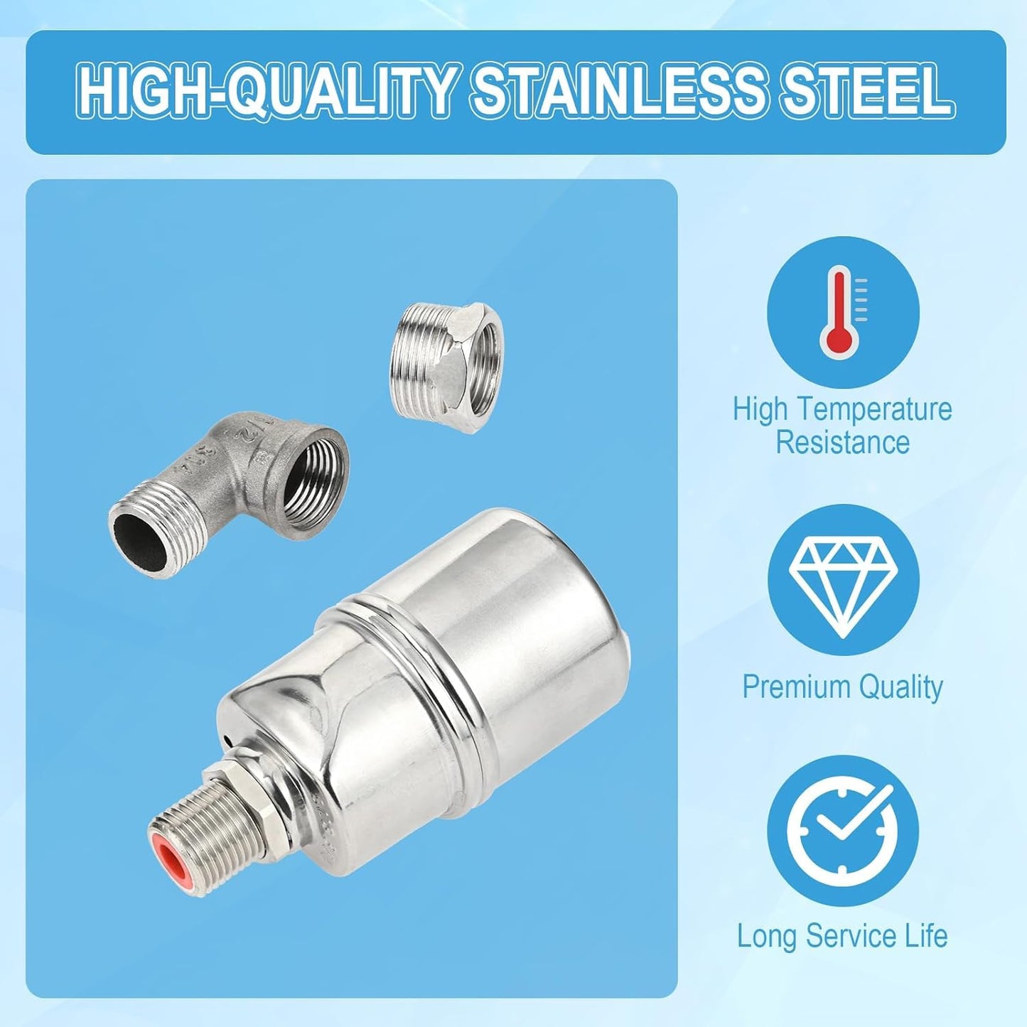 Auto Water Level Control Float Valve 1/2" 3/4" - 304 Stainless Steel, No Pump Needed for Water Tanks, Fish Ponds, Livestock Troughs, Hydroponics, Pool(1 Pack Long)