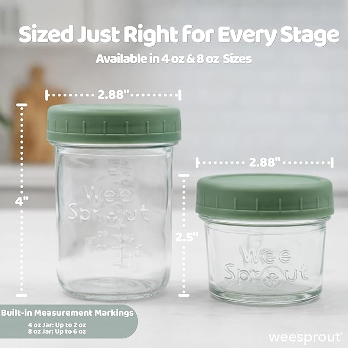 WeeSprout Glass Baby Food Storage Jars w/Lids (4 oz, 6 Pack Set) Snack, Puree, Reusable Small Containers, Breast Milk, Fridge or Freezer, Microwave & Dishwasher Safe, Essential Must Have for Infants