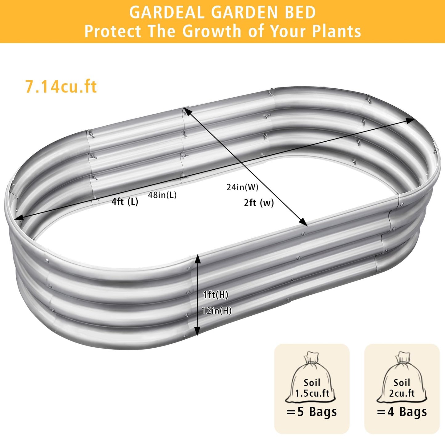 Gardeal Garden Galvanized Raised Garden Bed Kit - Metal Planter Box for Vegetables/Herbs/Flowers, Heavy-Duty Steel Outdoor Planter with Reinforced Edges (4x2x1 FT)