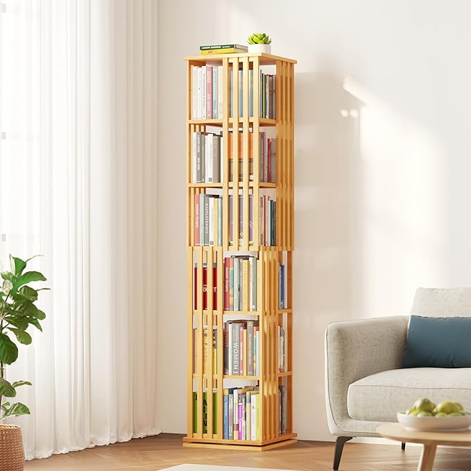 SpaceAid 6 Tier Rotating Bookshelf Tower, Bamboo Spinning Book Shelf, Revolving