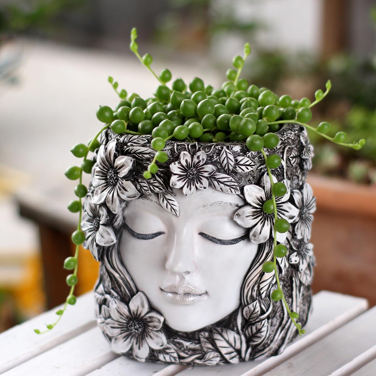 YOYLMAL Floral Face Planter Pot, 5.9” Resin Women's Head Succulent Planter for Indoor Outdoor Plants, Unique Flower Pot with Drainage Hole, Gifts for Women Mom