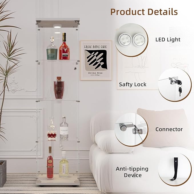 Glass Display Cabinet with LED Light and Lock, 4-Shelf Curio Cabinets with 5mm