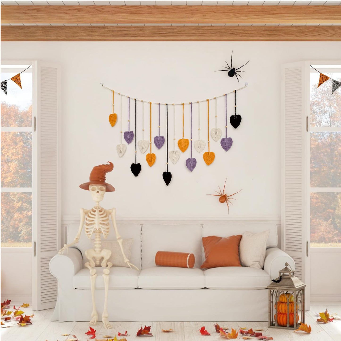 HVEST Halloween Macrame Wall Hanging Boho Decor, Purple Leaves Handmade Woven Tapestry for Bedroom Black and White Bohemian Macrame Wall Art for Living Room Decorations, 29.5L X 47W