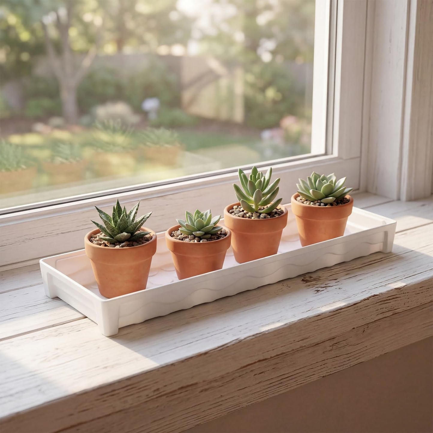 YAUFWUA 10 PCS Plastic Plant Growing Trays, 16 x 4.5 x 1.6 Inch Rectangular Windowsill Plant Saucer Drip Tray for Indoor Outdoor, White Plant Tray to Catch Water for Flower Succulent Pot Planter
