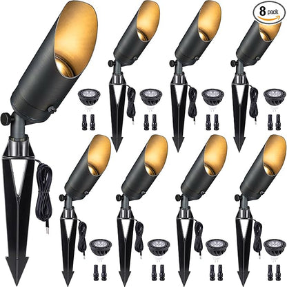 Gardenreet Brass Spot Light Low Voltage - Outdoor Landscape Spotlights, 12V Landscaping LED Uplights, Hard-Wired All Weather Bronze for Backyard Lawn with Day Light Changeable Bulbs (8 Pack)