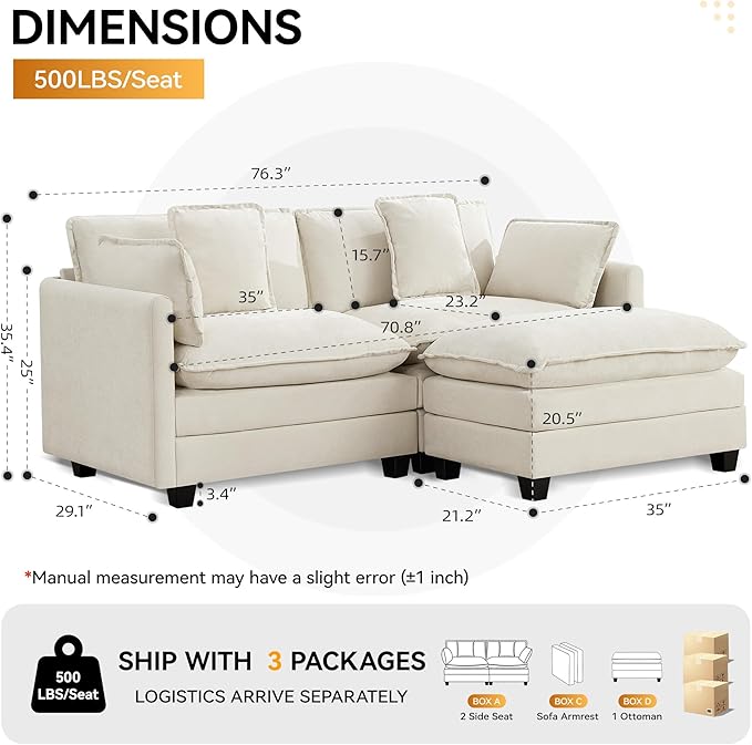 76'' Cloud Deep Seat Loveseat, Upholstered Chenille Modular 2-Seats Sectional