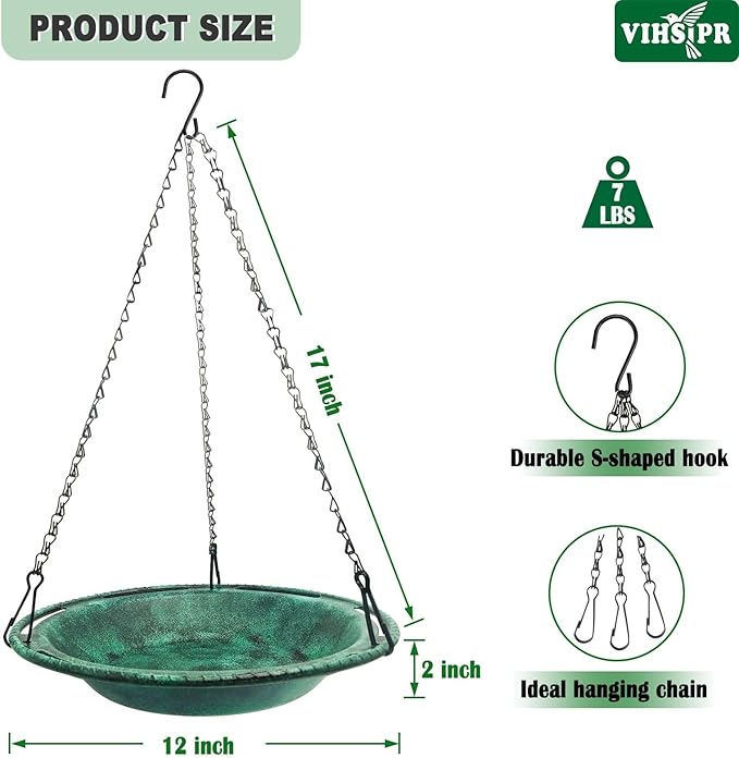 Hanging Bird Bath & Feeder Bowl, 12 in Outdoor Bird Bath with Chains, Durable Weather-Resistant PP, Antique Green, Backyard Garden Decor