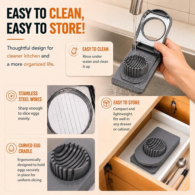 FANTEXY Egg Slicer for Hard Boiled Eggs,Hard Boiled Egg Slicer With Stainless Steel Wires,Eggs Cutter,Fruit Cutter for Strawberries,Kiwis and Grapes,Soft Cheese,Easy to Clean and Store(Gray)