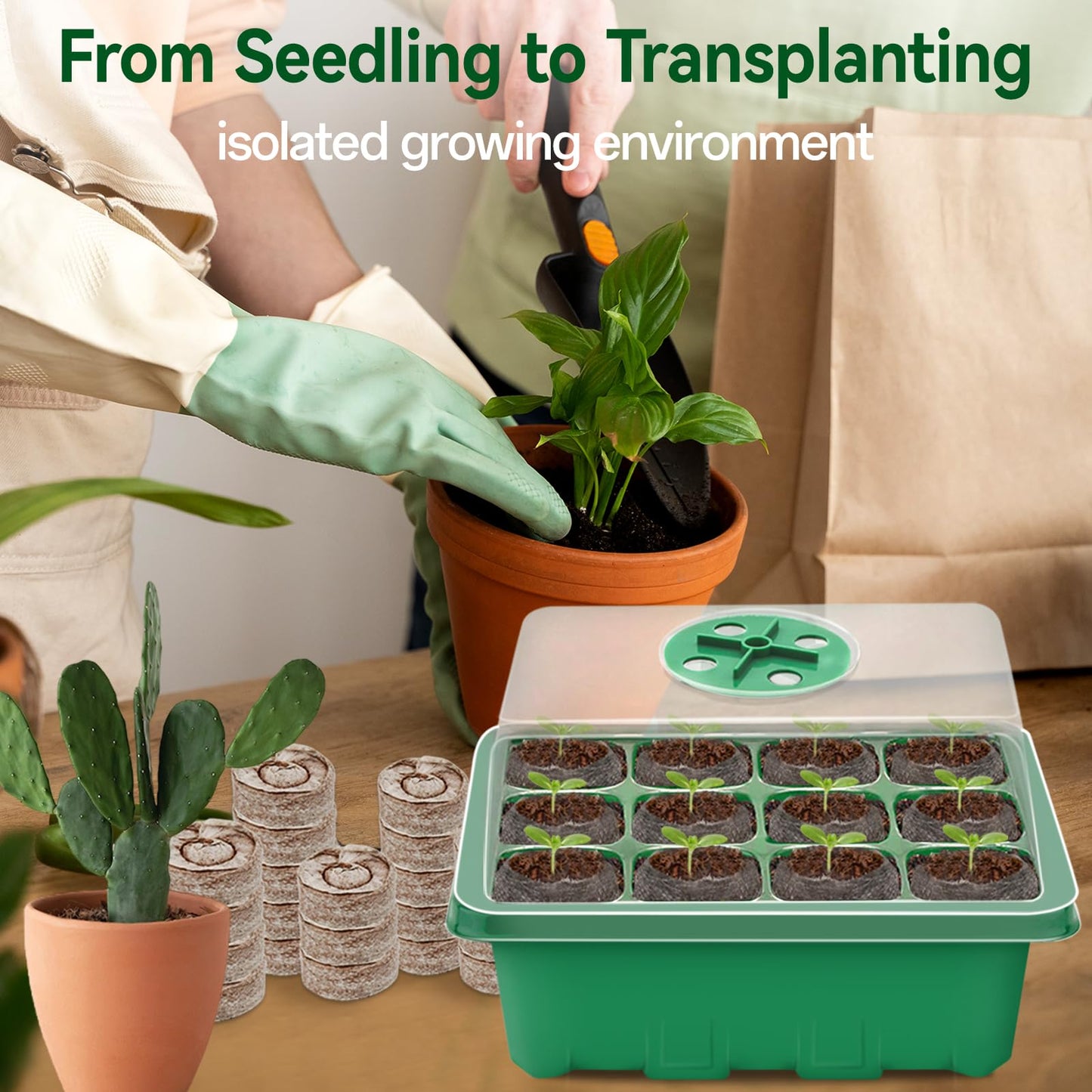Halatool 4 Pack Seed Starter Tray with 50 PCS Peat Pellets, 48 Cells Green Seeding Starter Trays for Organic Seed Starter Soil Pods for Planting Vegetables Plants Flowers - Starting Seeds Kit