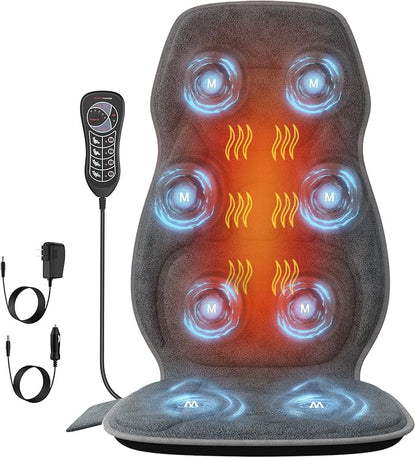 Back Massager with Soft Plush Fabric Cover, Massage Seat Cushion with 8 Vibration Motors & 2 Heating Levels, Chair Massager for Recliner, Office Chair, Sofa Use, Gifts for Dad Mom