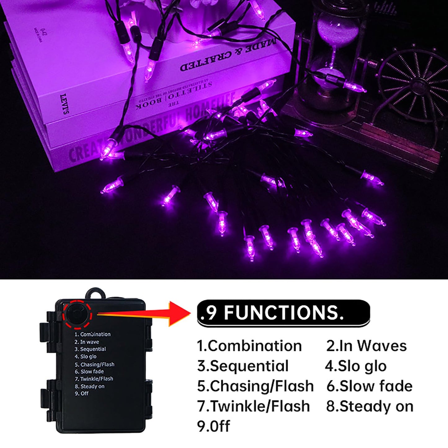 MULTI-SPARKING Battery Operated Halloween Lights 16ft 50 LED Mini String Lights for Small Tree, Wreath, Crafts, Indoor/Outdoor Halloween Decor, 8 Modes & Memory Function, Black Wire-Purple