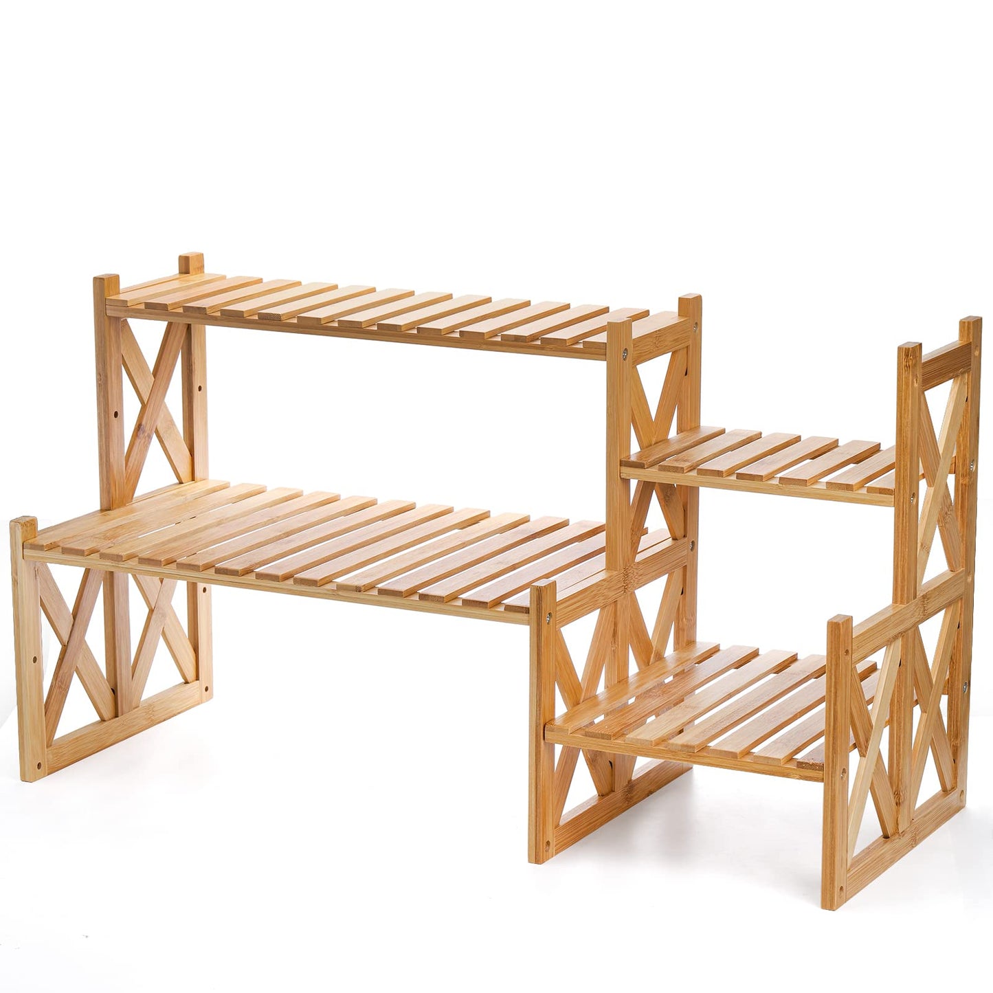 Lawei 2 Tier Bamboo Tabletop Plant Stand, Adjustable Flower Pot Holder Shelf Planter Display Stand, Small Desktop Ladder Plant Rack for Indoor Outdoor Home Patio Lawn Garden Balcony Organizer