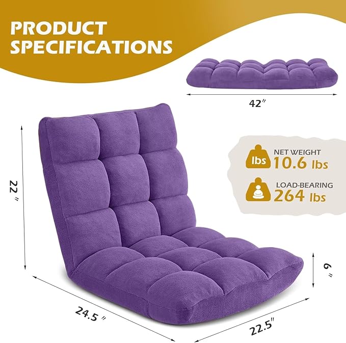 Folding Floor Gaming Chair, Adjustable 14-Position Backrest, 6-Inch Thick