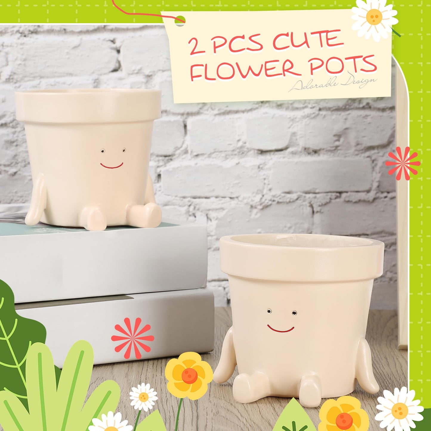 Nuogo 2 Pieces Cute Plant Pots Face Resin Succulent Flower Pot Indoor Head Planters Fun Novelty Planters with Drainage Legs Out for Christmas Plant Lover Gardening Gift Outdoor(Classic)