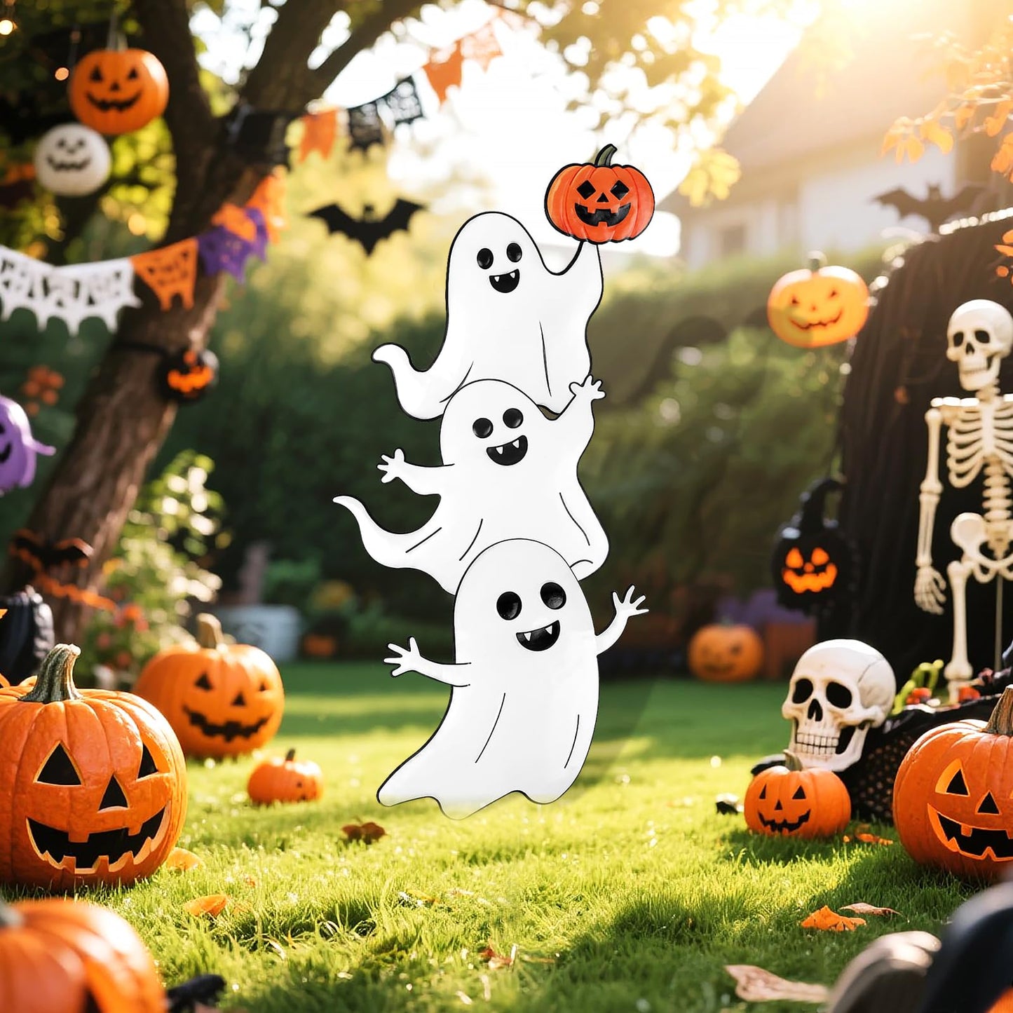 TaoQ C Halloween Ghost Yard Signs Metal Ghost Yard Sign with Pumpkin Halloween Metal Garden Stakes for Outdoor Garden Lawn Patio Pathway Horror Party Decorations