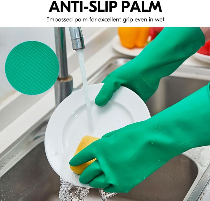 Vgo... 10-Pairs Reusable Household Gloves, Rubber Dishwashing gloves, Extra Thickness, Long Sleeves, Kitchen Cleaning, Working, Painting, Gardening, Pet Care (Size M, Green, HH4601)