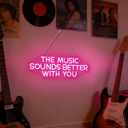 NOSUN The Music Sounds Better with You Neon Sign Romance Neon Signs for Wall Decor Led Neon Sign Aesthetic Room Decor for Teen Girls Neon Lights Signs for Bedroom Salon Party Pink Light