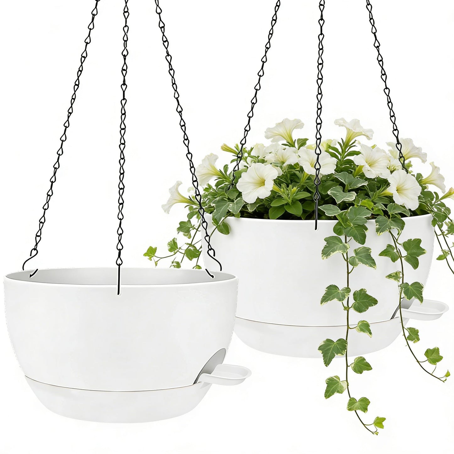 zople 2 Pack 12 Inch Self Watering Hanging Planters for Indoor Plants, Large White Plastic Hanging Pots with Chains for Outdoor Patio Garden Home Decor White
