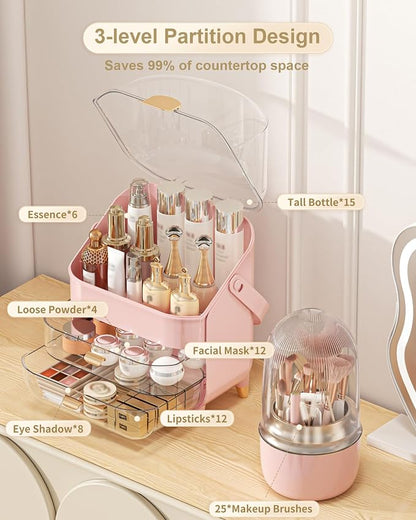 Makeup Organizer Countertop, Skincare Holder Bathroom Counter Organizer, Storage Box Cosmetic Display Cases, Teen Girl Gifts Make up Organizers (Pink/Brush)