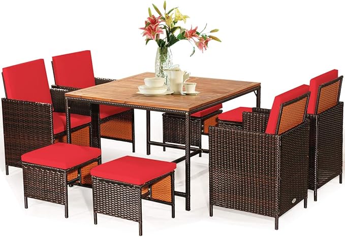 Tangkula 9 Pieces Acacia Wood Patio Dining Set, Space Saving Wicker Chairs and
