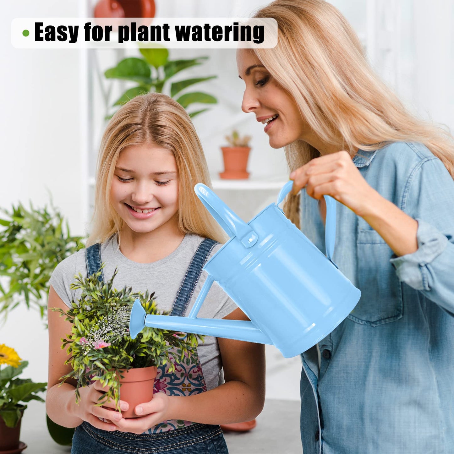 Lechloris Metal Watering Can (1 Gallon) for Outdoor&Indoor Plants with Free Small Watering can for Kids, Plant Watering Can with Removable spout, Perfect for Garden Flower, Houseplants, (Light Blue)