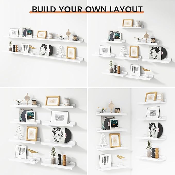 Floating Picture Ledge Shelves Set of 8, 16 Inch Solid Wood Wall Shelves