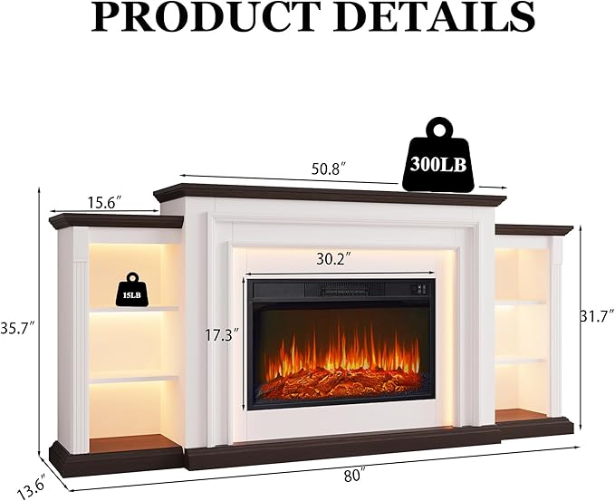 80" LED Lights Electric Fireplace