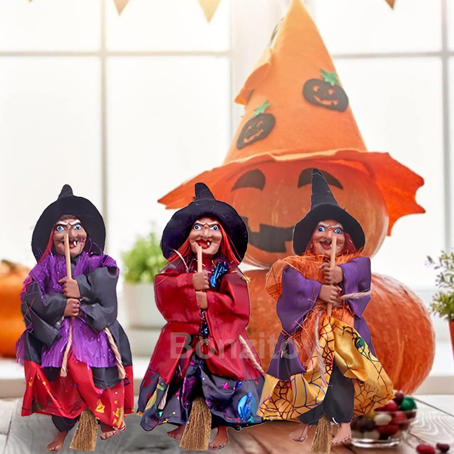 Bonzitoy Halloween Witch Ornaments 3 PCS, 8" Flying Witch Figures on Broomsticks, Haunted House Hanging Props