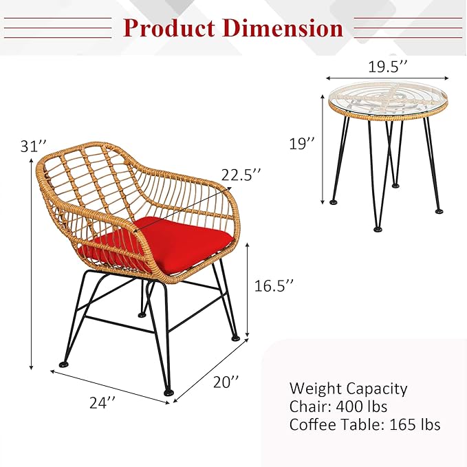 Tangkula 3 Pieces Patio Bistro Set, Rattan Conversation Set