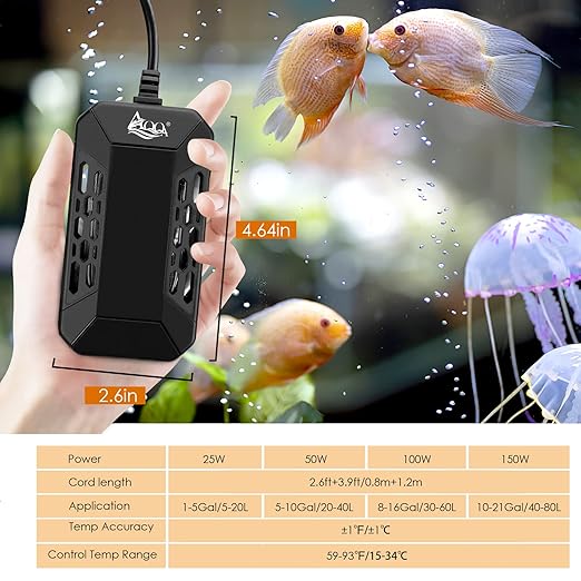 AQQA Aquarium Submersible Heater for Fish Tank,HD Temperature Display and Built-in Thermometer,External Controller Temperature Control Range 59℉-93℉,Safety Control Protects 150W