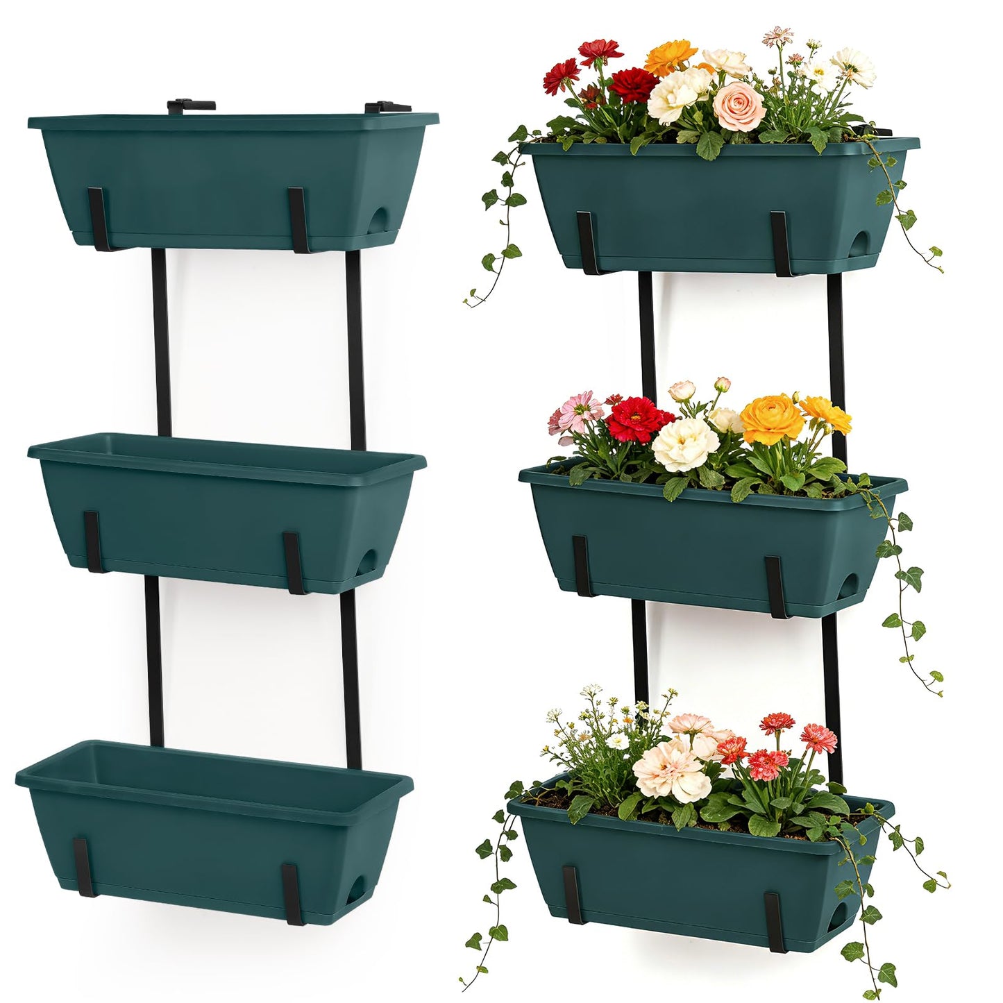 Window Boxes Planters with Adjustable Brackets Set of 2 Outdoor Fence Planters, Over the Deck Railing Planter Box with 6 Pack Hanging Plastic Flower Pots, Drainage Holes for Balcony, Patio, Green