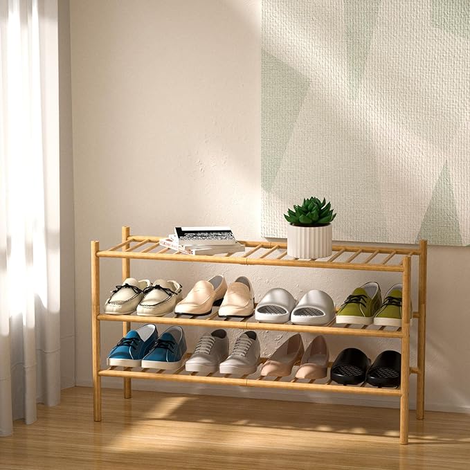 ROMGUAR CRAFT 3-Tier Bamboo Long Shoe Rack, Free Standing Wood Shoe Shelf