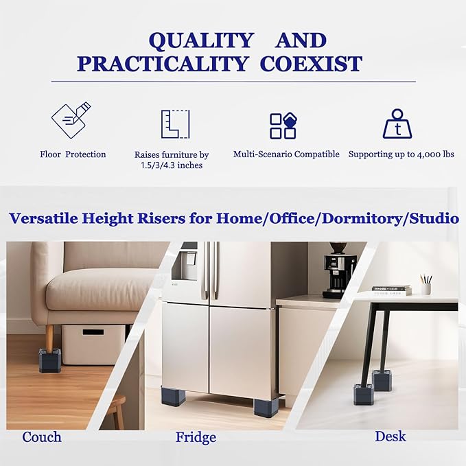 Bed Risers Heavy Duty, Adjustable Furniture Riser Blocks Lift 1.5, 4.3 inches