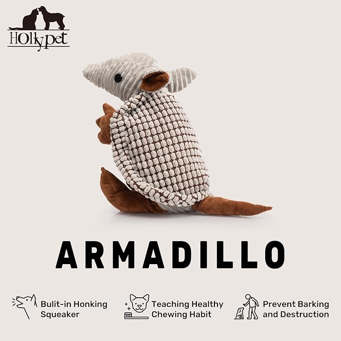 Hollypet Plush Dog Squeaky Toy Stuffed Armadillo Animal Pet Puppy Chew Toys with Clean Teeth for Small Medium Large All Breed Sizes Dogs, Gray, 10 in