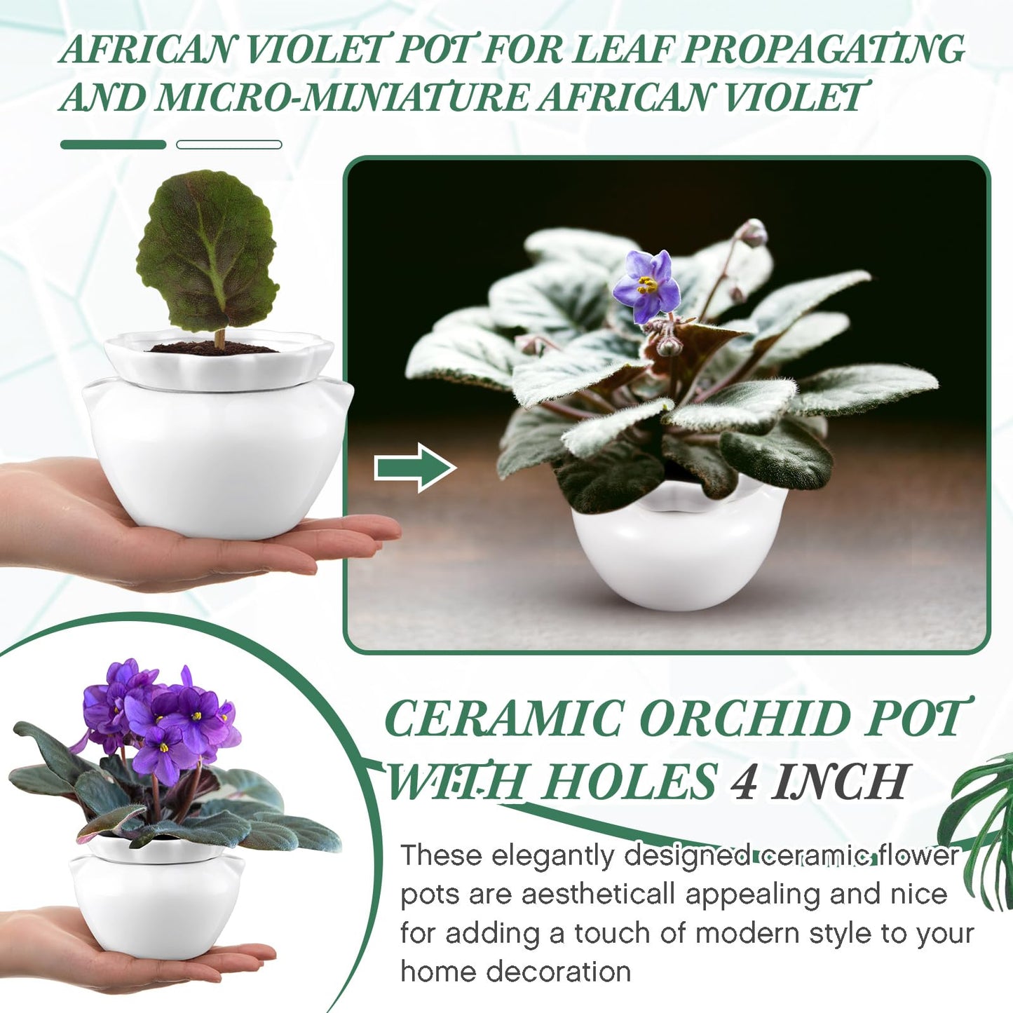 Sunnychicc 4 Set 4 Inch African Violet Pots Self Watering White Ceramic Planter Highly Absorbent Inner Planter Pot for Indoor Plants Plant Lovers Ideal Plant Pot Thriving Plant Flower Maintenance