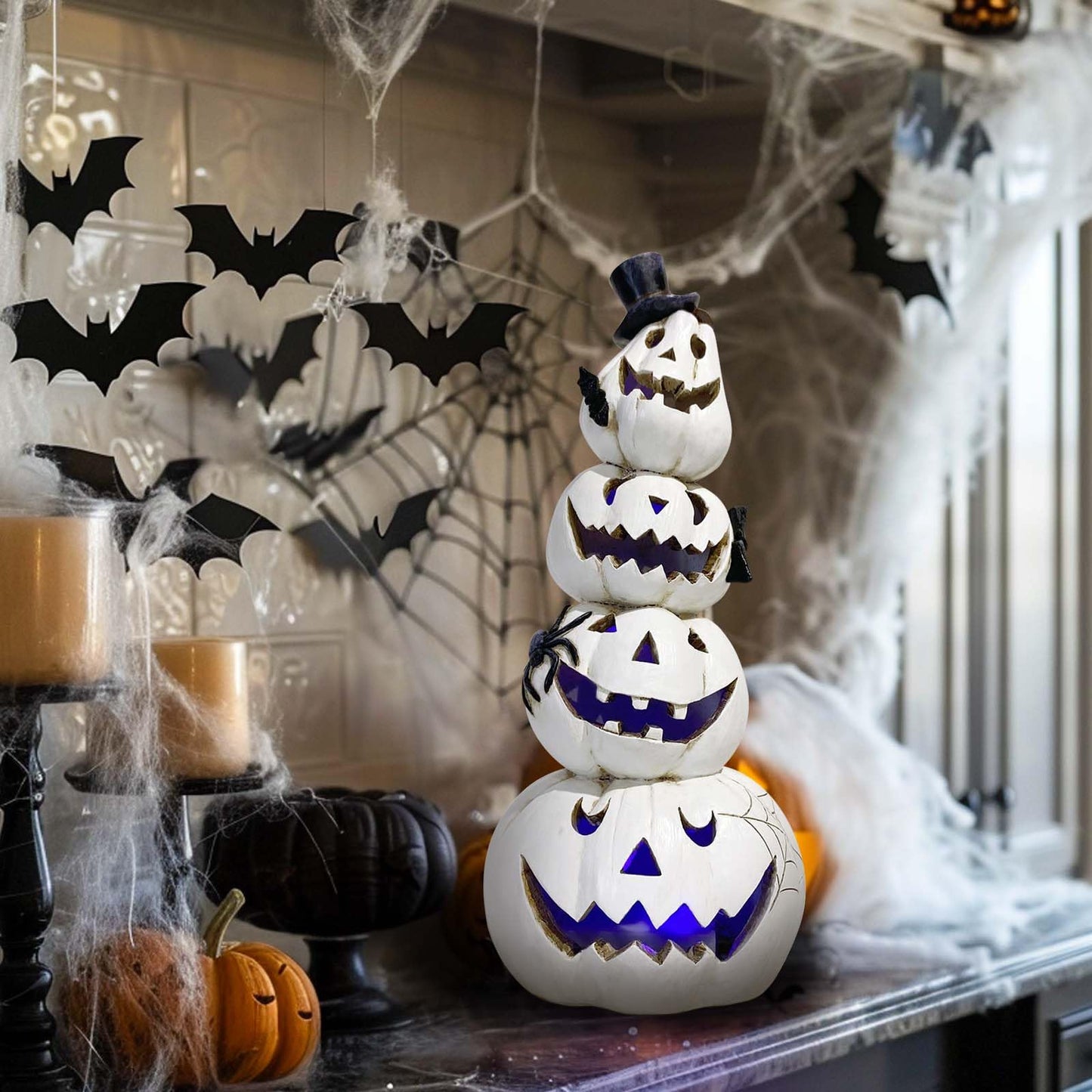 Hodao Halloween Pumpkin Decorations Indoor Halloween Decorations Clearance for Table/Window/Present Box/Gift/Courtyard Corridor (White Stacked Pumpkins)…