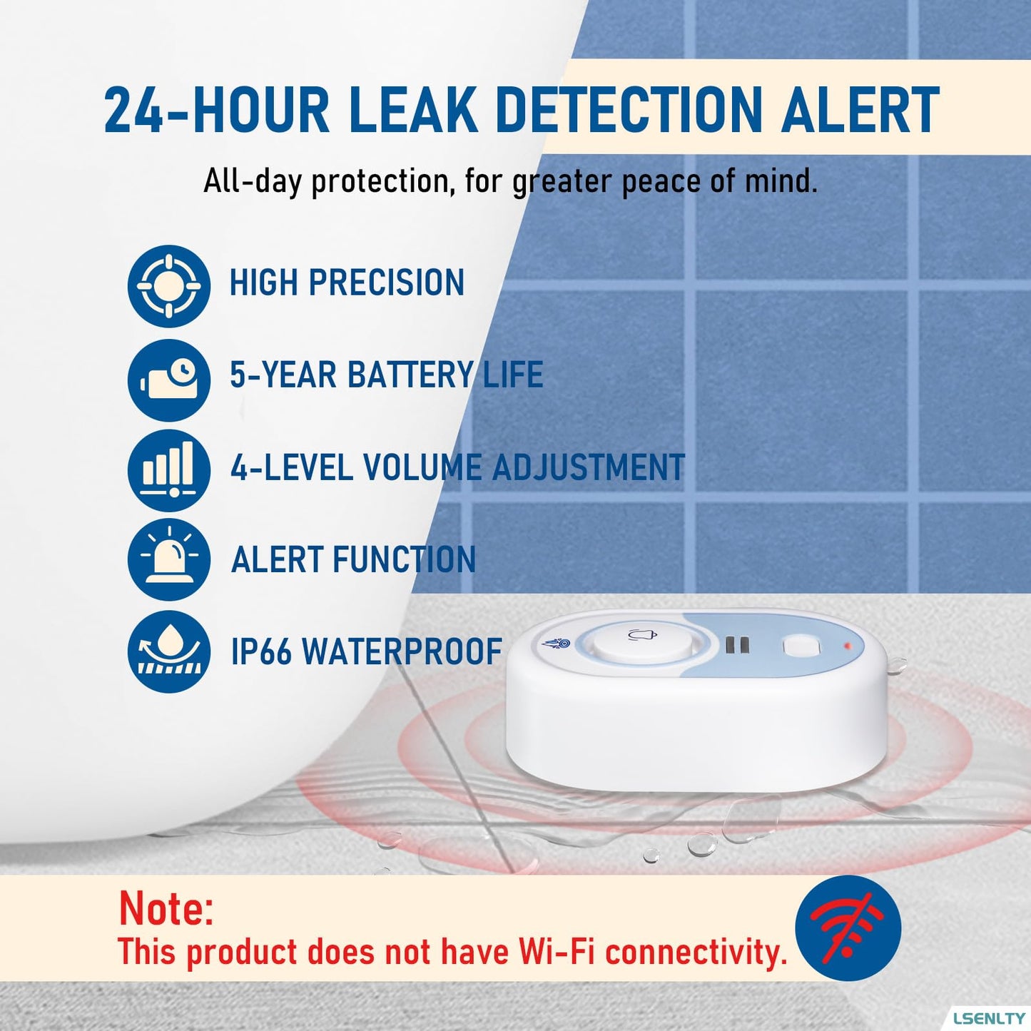 LSENTLY Water Leak Detector Supports 5 Years Standby Time, LED Indicator & 100dB Leak Alarm & Low Battery Reminder Water Alarm, IP66 Waterproof for Home, 6 Pack (Cannot Connect Wi-Fi)
