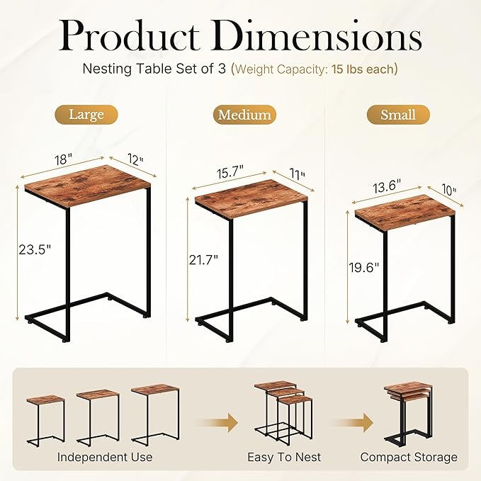 SUPER DEAL Nesting Tables Set of 3, Industrial C Shaped End Table Stackable