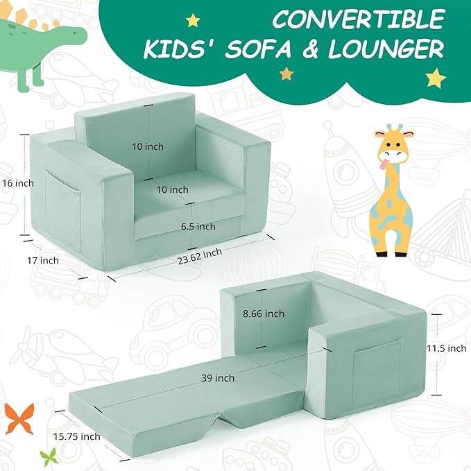 Kids Couch, 2-in-1 Toddler Chair Comfy 1-3 Years, Convertible Kids Chair