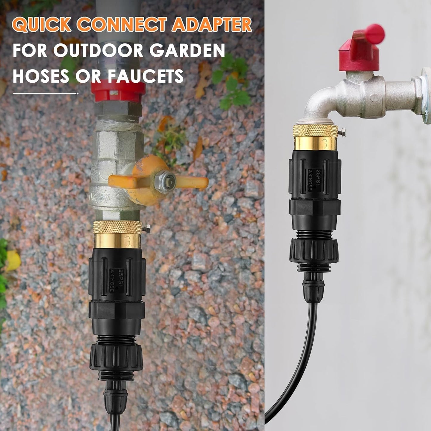 Gulfmew Drip Irrigation Faucet Adapter 25 PSI, 1/4" Tubing Quick Connect to 3/4" Garden Hose with Backflow Preventer, Filter, Tape, Pressure Regulator, Copper Drip Irrigation System Fittings (8 Pack)